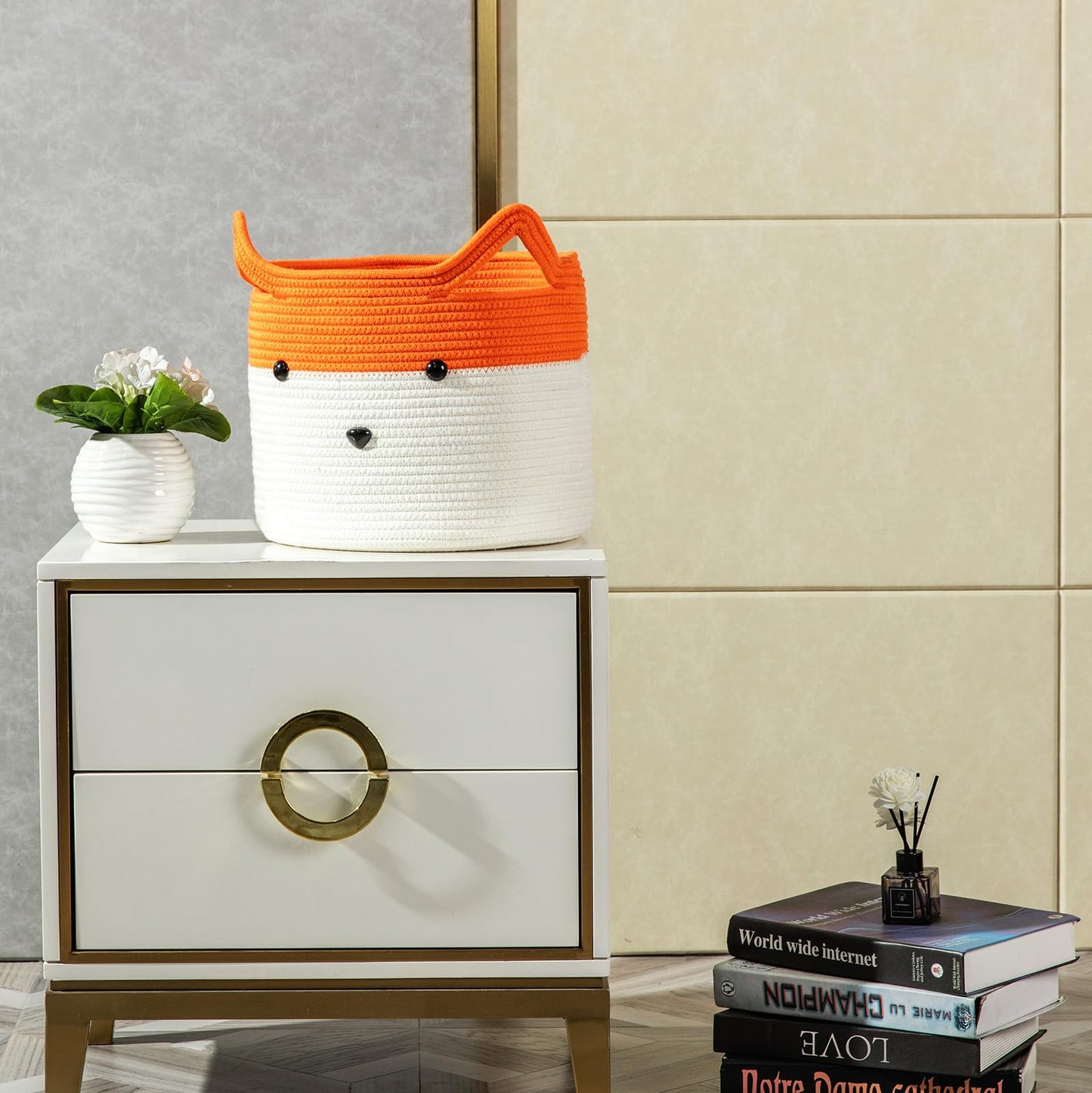 Homeypine Fox Basket, Woven Cotton Rope Storage Basket For Baby, Empty Gift Basket With Handle, Animal Laundry Basket Organizer