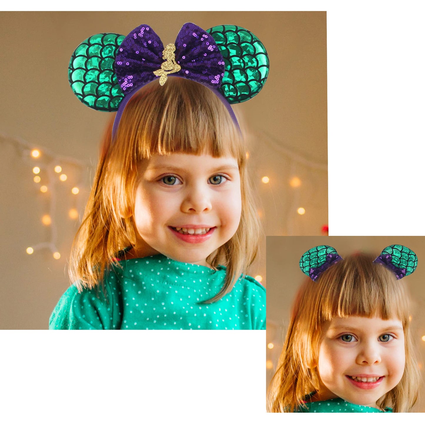 Zhezesmila Mermaid Accessories: Mini Mouse Ears Headband, Green Scrunchies, Princess Party Decorations For Girls