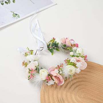 Funsveta Baby Girls Flower Crown Flower Girl Headpiece boho Little Wreaths for Weddings, Family photography (Pink White)