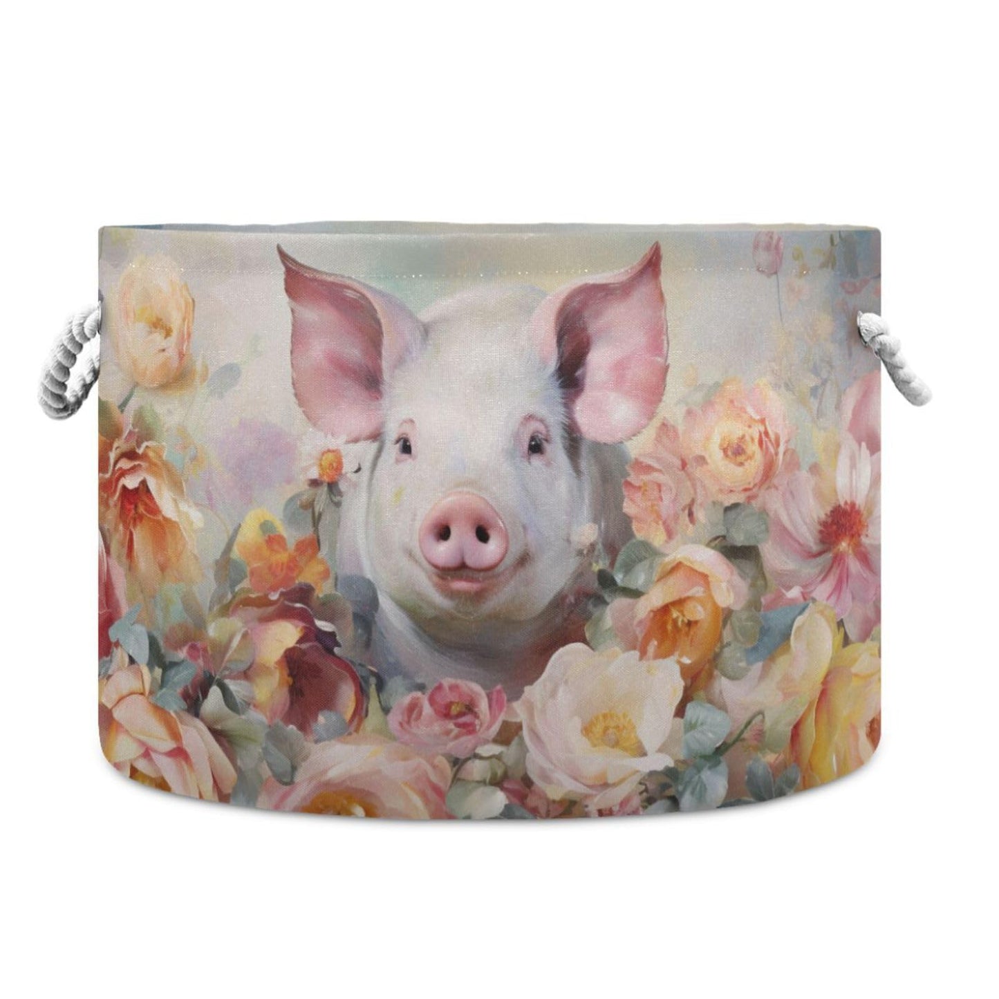 Canvas Storage Organizer Bin, Pig (7) Storage Basket Laundry Hamper with Handle for Clothes Playroom Decor, Large, 20 in Diamete