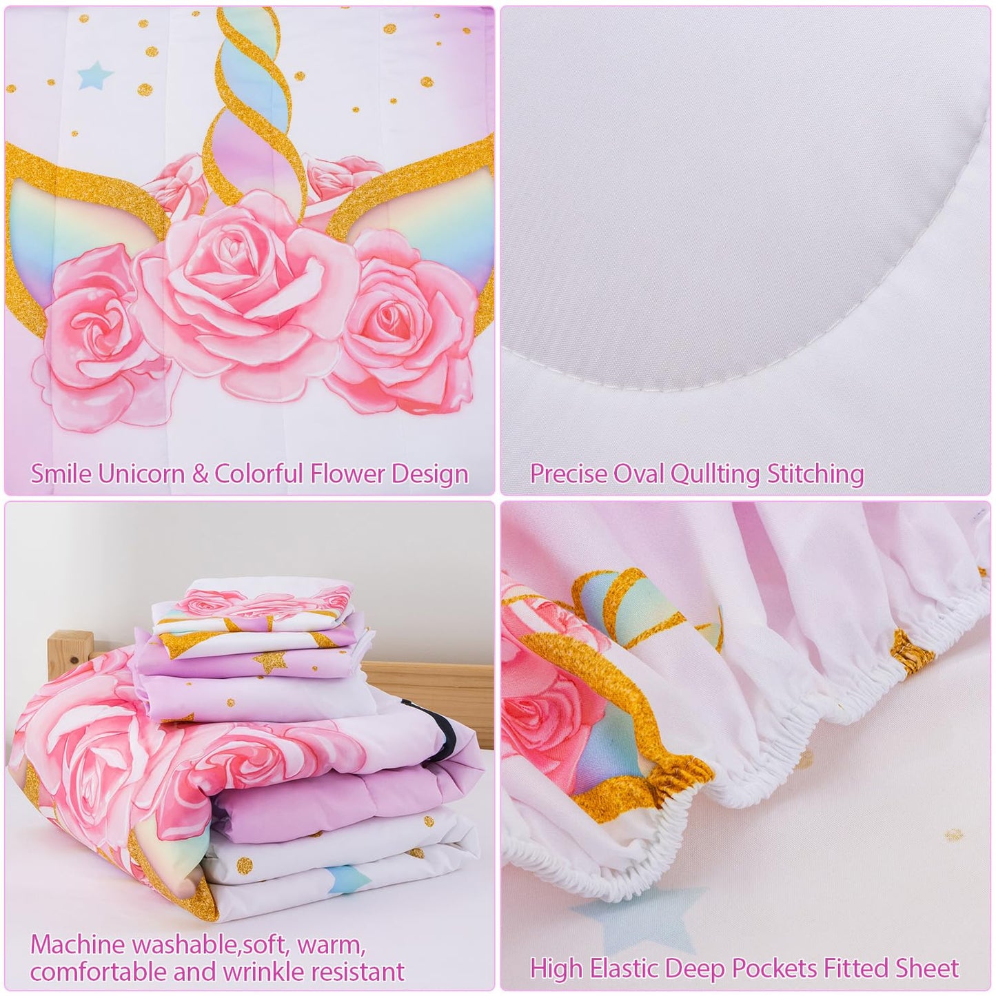 Jqinhome Toddler Comforter For Girls,5 Piece Bed In A Bag 3D Unicorn Theme Bedding Set With 2 Pillowcases,1 Flat Sheet,1 Fitted