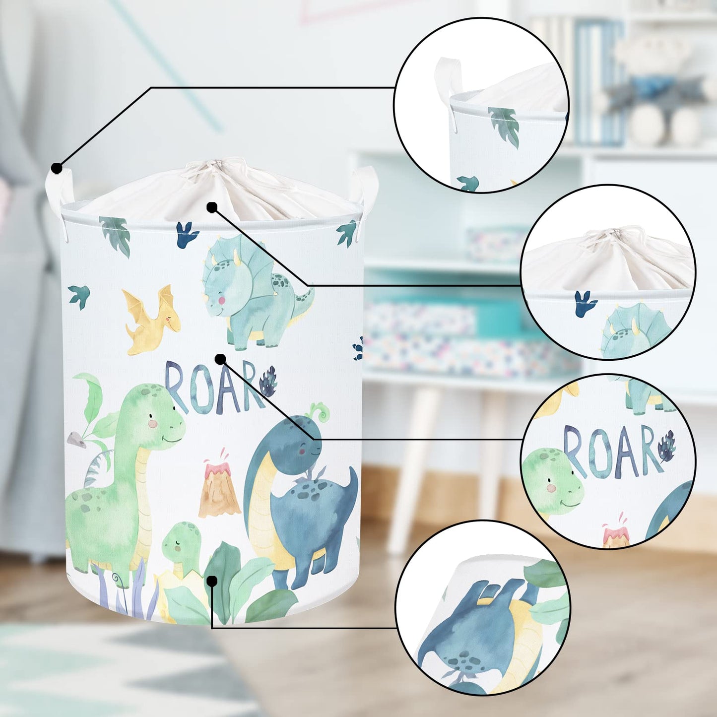 Clastyle 45L Cartoon Green Dinosaur Laundry Basket With Handle Round Bedroom Bathroon Toys Clothes Storage Basket For Nursery