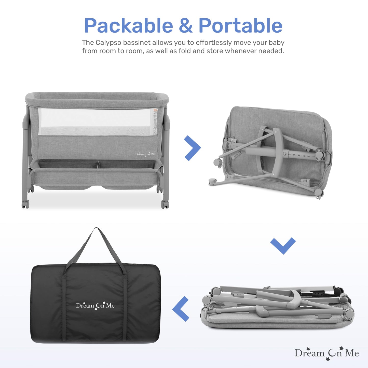 Dream On Me Calypso Portable Bassinet With Wheels In Grey, Quick & Easy Folding, Seven Adjustable Height, Machine Washable Fabri