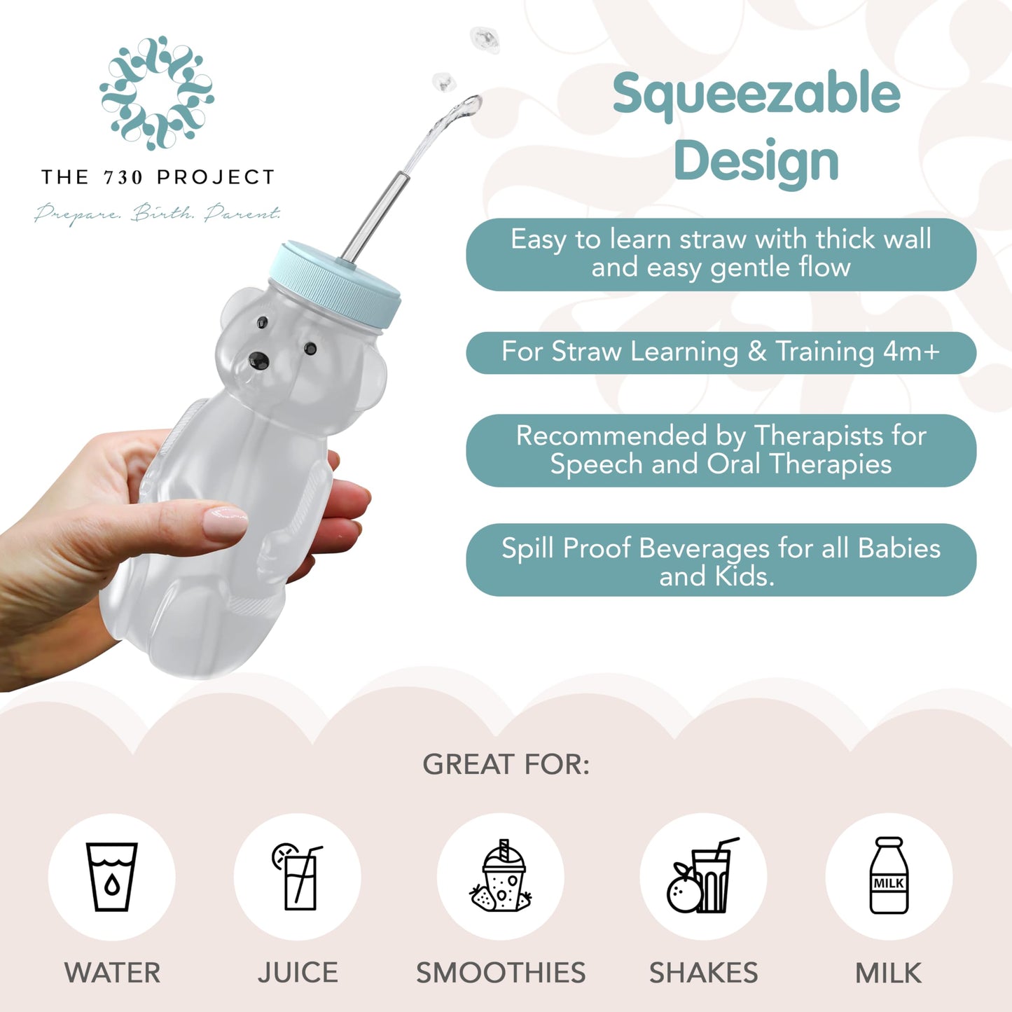 The 730 Project Honey Bear Straw Cup For Babies, 8Oz Honey Bear Cup With Bottle Brush, 2-Pack Improved Lid Therapy Learning Hone