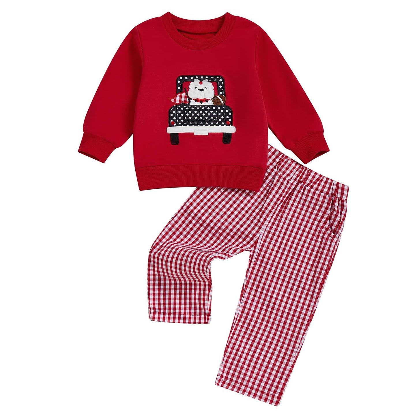 JLKGICF Toddler Baby Boy Clothes Set Car Embroidery Sweatshirt Tops Plaid Pants 6 12 18 24 Months 2T 3T4T Football Outfit (Red C