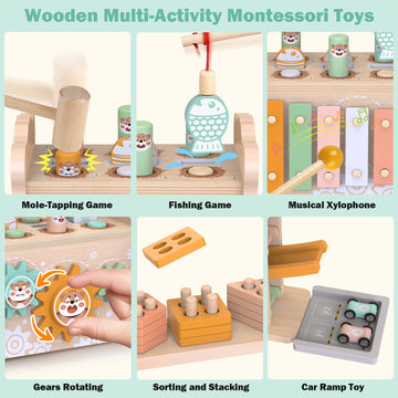 Wooden Montessori Toys for Toddlers 1-3, Baby Pounding Hammering Toy with Xylophone & Fishing Game, Car Ramp Racer, Stacking Blo