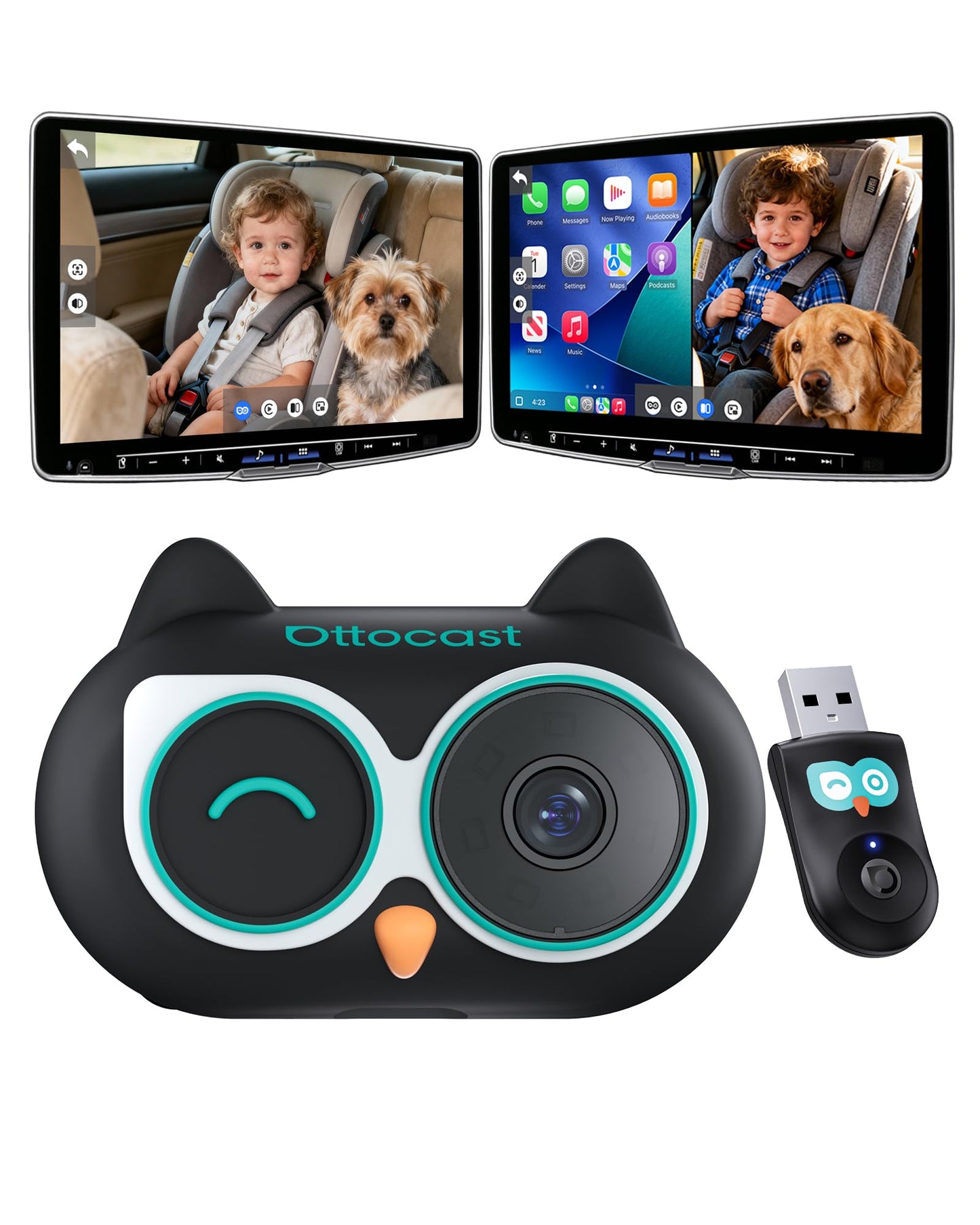 OTTOCAST Baby Car Camera &Wireless CarPlay Adapter,1080P HD Rear Seat Monitor Display on Car Screen,150Wide Angle No-Glow Night