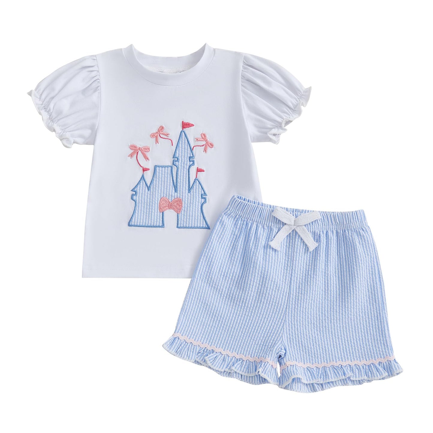 Summffie Toddler Baby Girl Summer Clothes Short Sleeves T-Shirt Tops and Ruffled Shorts Set Cute Summer Outfits 2Pcs (Bow Embroi