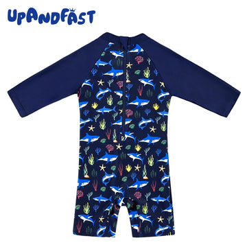 Upandfast Baby Boy Long Sleeve Swimwear Baby Beach One Piece Swimsuit With Snap Bottom (Navy, 9-12 Months)