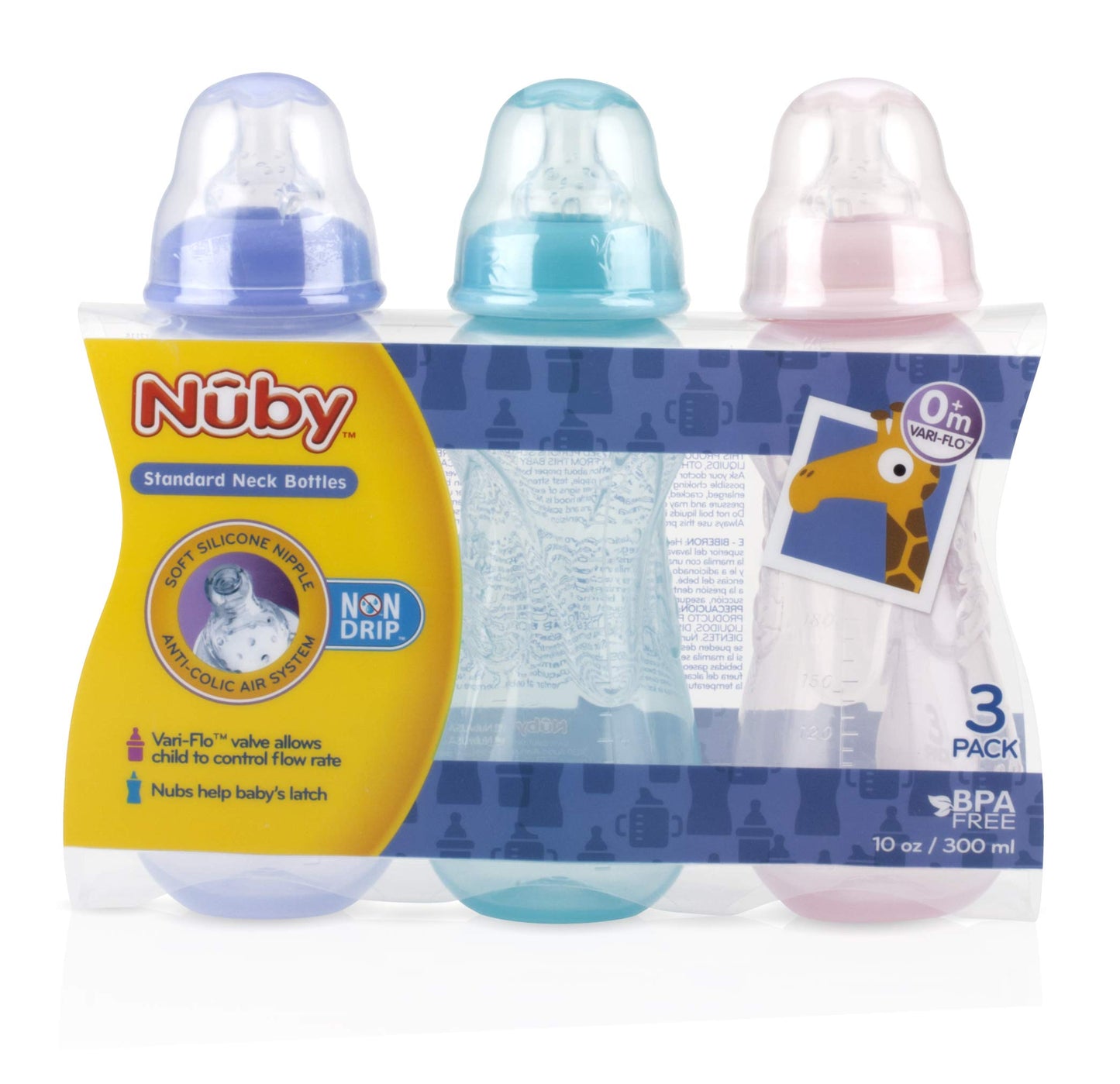 Nuby Non-Drip Standard Neck Bottles, 10 Ounce (Pink/Purple/Teal)