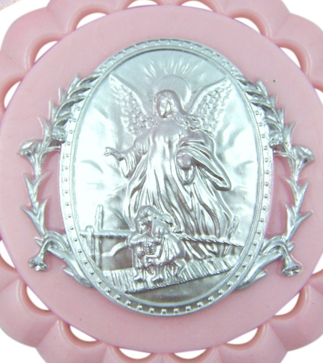 Moulded Acrylic Pink Crib Medal With Guardian Angel For Baby Girl Nursery Decor, 3 1/2 Inch