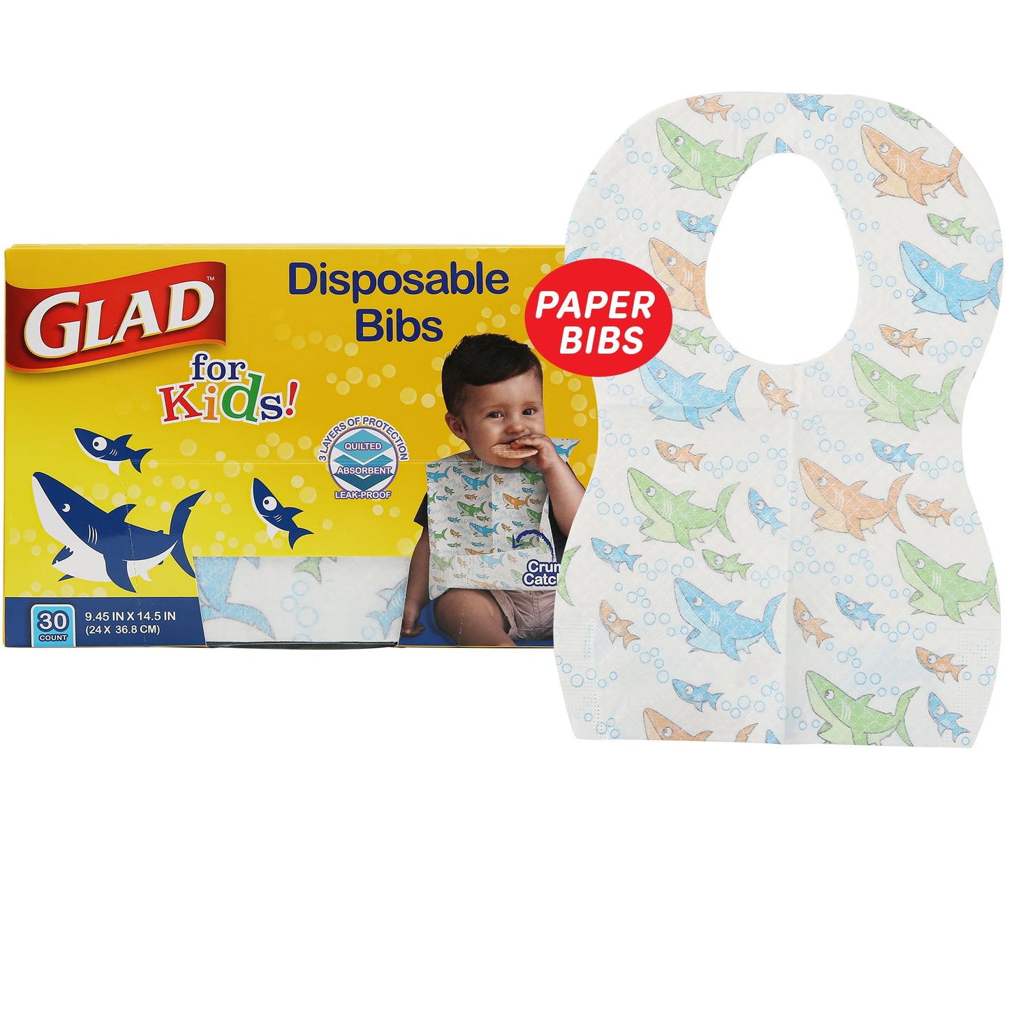 Glad For Kids Shark Disposable Paper Bibs With Crumb Catcher For Feeding - Absorbent And Leakproof Eating And Travel Essentials