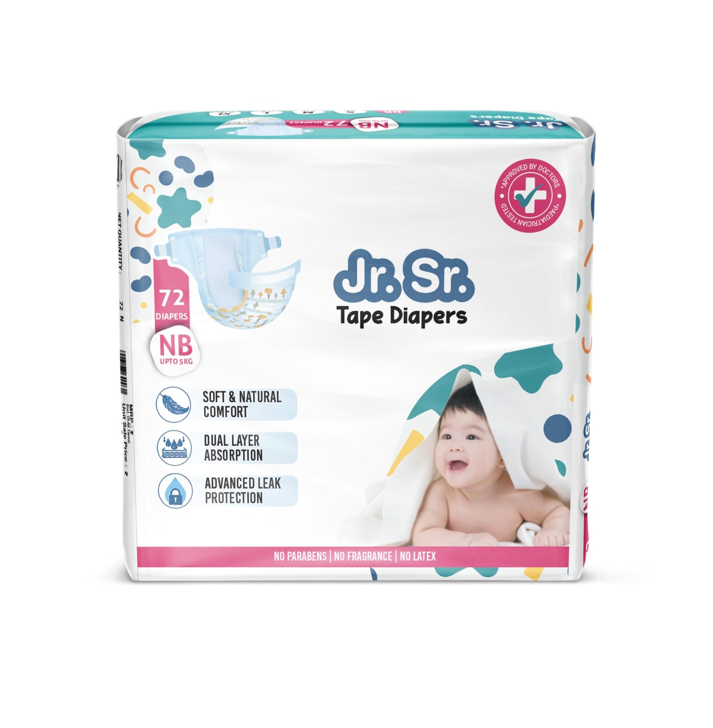 Jr. Sr. Baby Tape Style Diaper | Adjustable Fit For Babies | Newborn/Extra Small (Nb/Xs) Size (05Kg), 72 Count | Pack Of 1 | Up