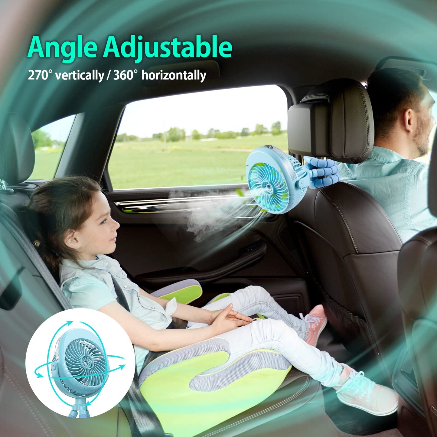 Portable Stroller Fan With Mist, Rechargeable Misting Fan With Water Spray, 270 Pivot Personal Mister Fan With Flexible Tripods
