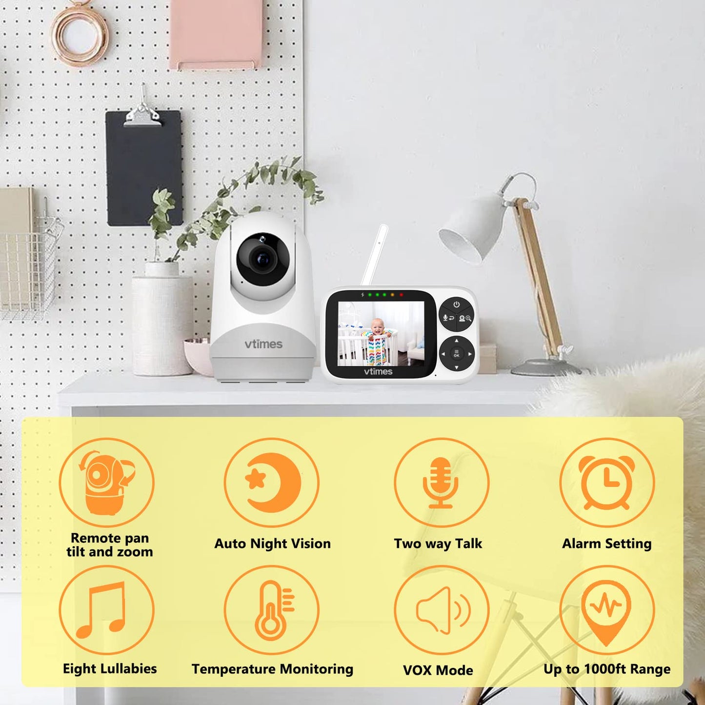 Vtimes Video Baby Monitor With Camera And Audio, 3.2' Lcd Color Screen, Baby Camera Monitor No Wifi Night Vision Vox Mode Pan-T