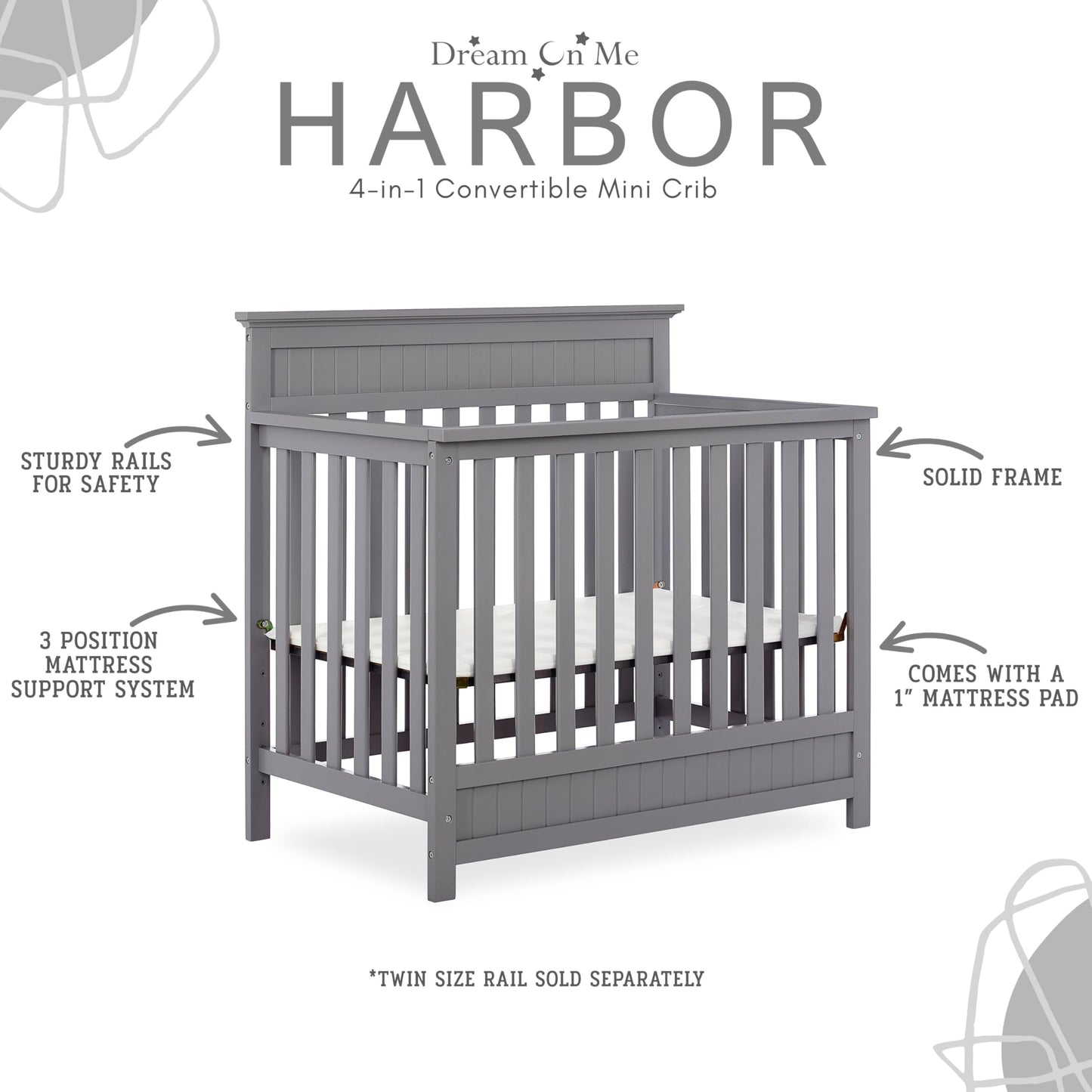 Dream On Me Harbor 4-In-1 Convertible Mini Crib In Storm Grey, Greenguard Gold Certified