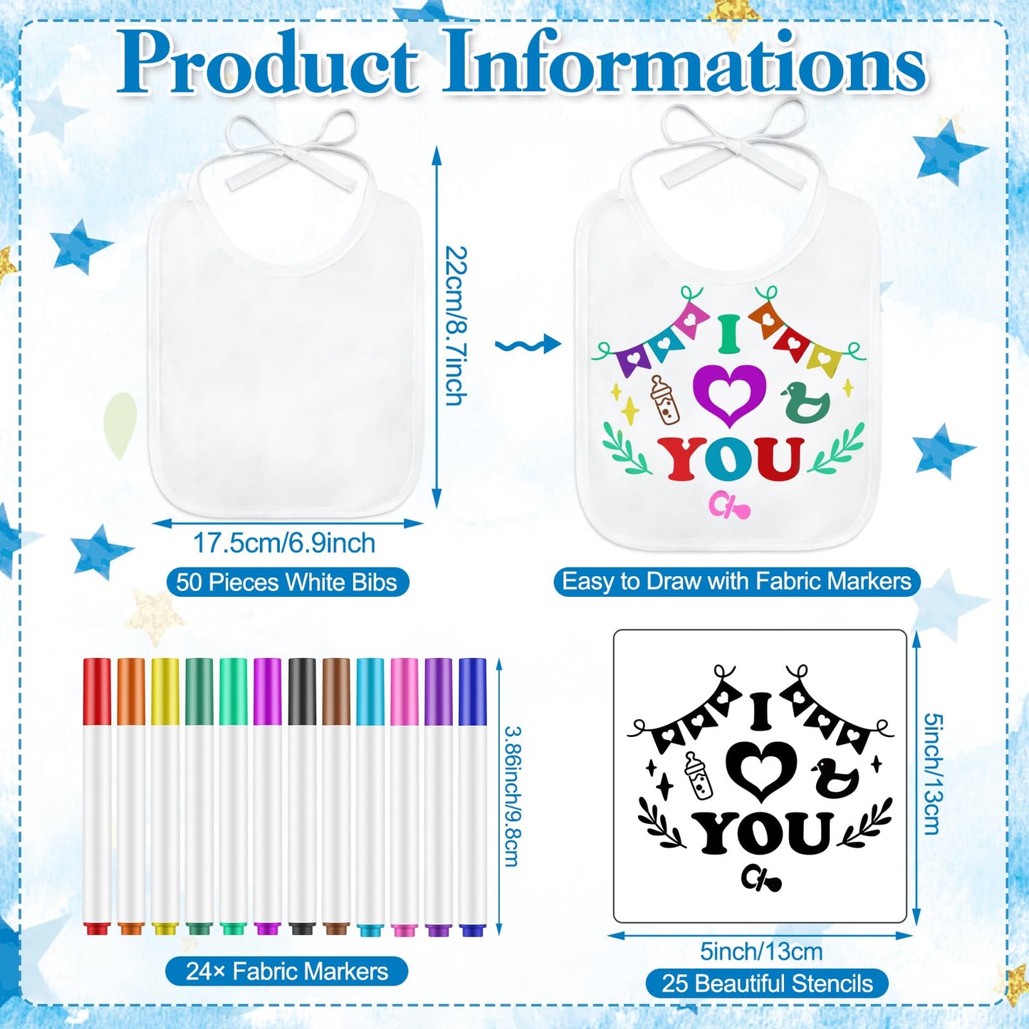 Panitay 100 Pcs Diy Baby Bibs Decorating Kit 50 White Bibs 25 Stencils 24 Fabric Markers 1 Baby Shower Game Sign(Blue Bear)