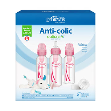 Dr. Brown'S Natural Flow Anti-Colic Options+Narrow 8Oz/250Ml Baby Bottle + Lovey Gift Set With Level 1 Slow Flow Nipples, Pink