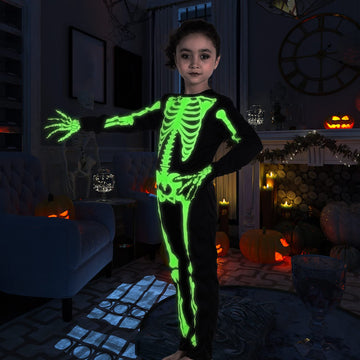4T Toddler Skeleton Costumes Kids Halloween Skeleton Costume Glow In The Dark With Gloves White Bones Stretch Body Suit For Boys