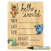 Cohas Hello World Newborn Baby Announcement Printed Wood Sign With Monster Theme, 9 By 12 Inches, Black Marker