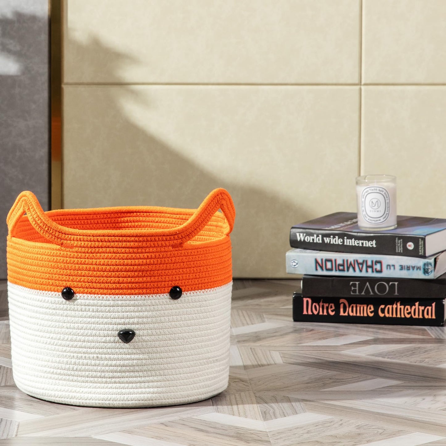 Homeypine Fox Basket, Woven Cotton Rope Storage Basket For Baby, Empty Gift Basket With Handle, Animal Laundry Basket Organizer