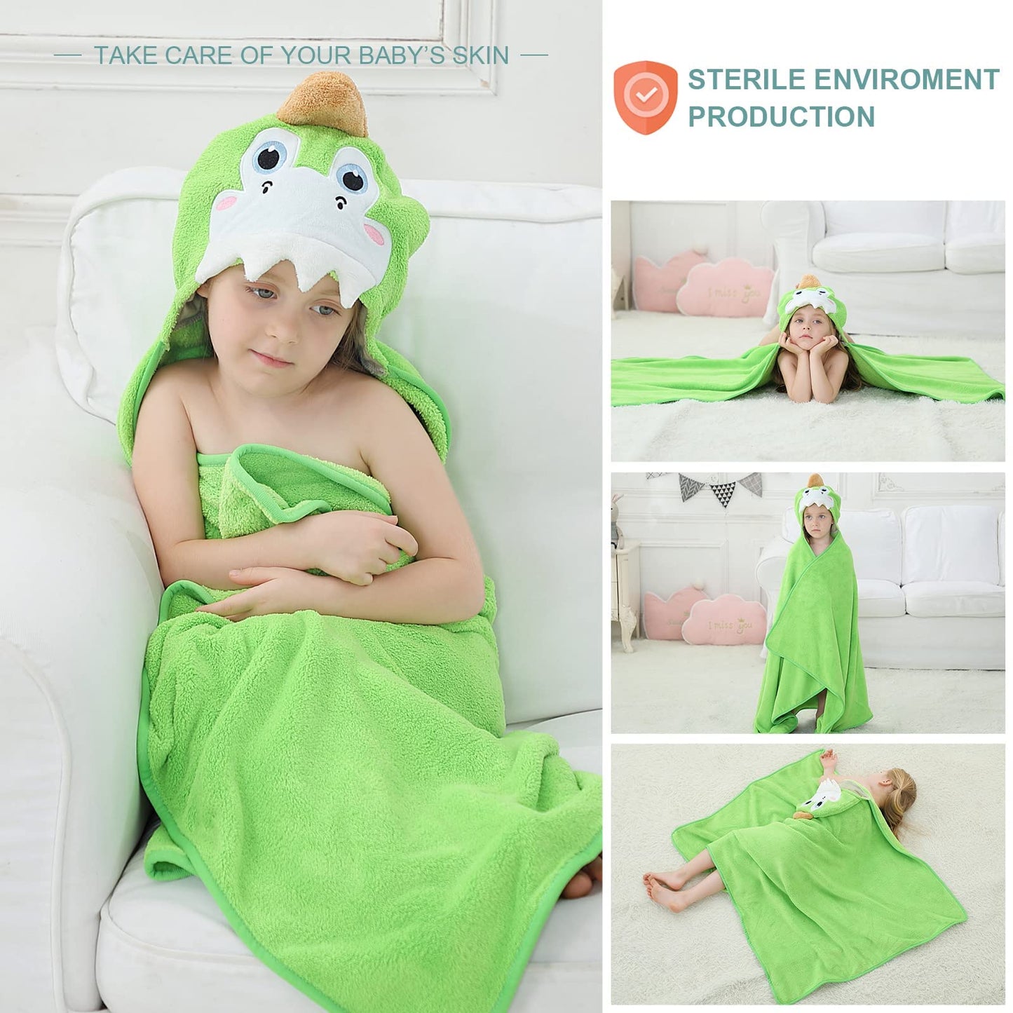 Michley Cartoon Hooded Baby Towel Unisex, Premium Soft Swimming Bathrobe Large Washcloths 31.5 ' X 53 ' For 0-9T (Green Dinosa