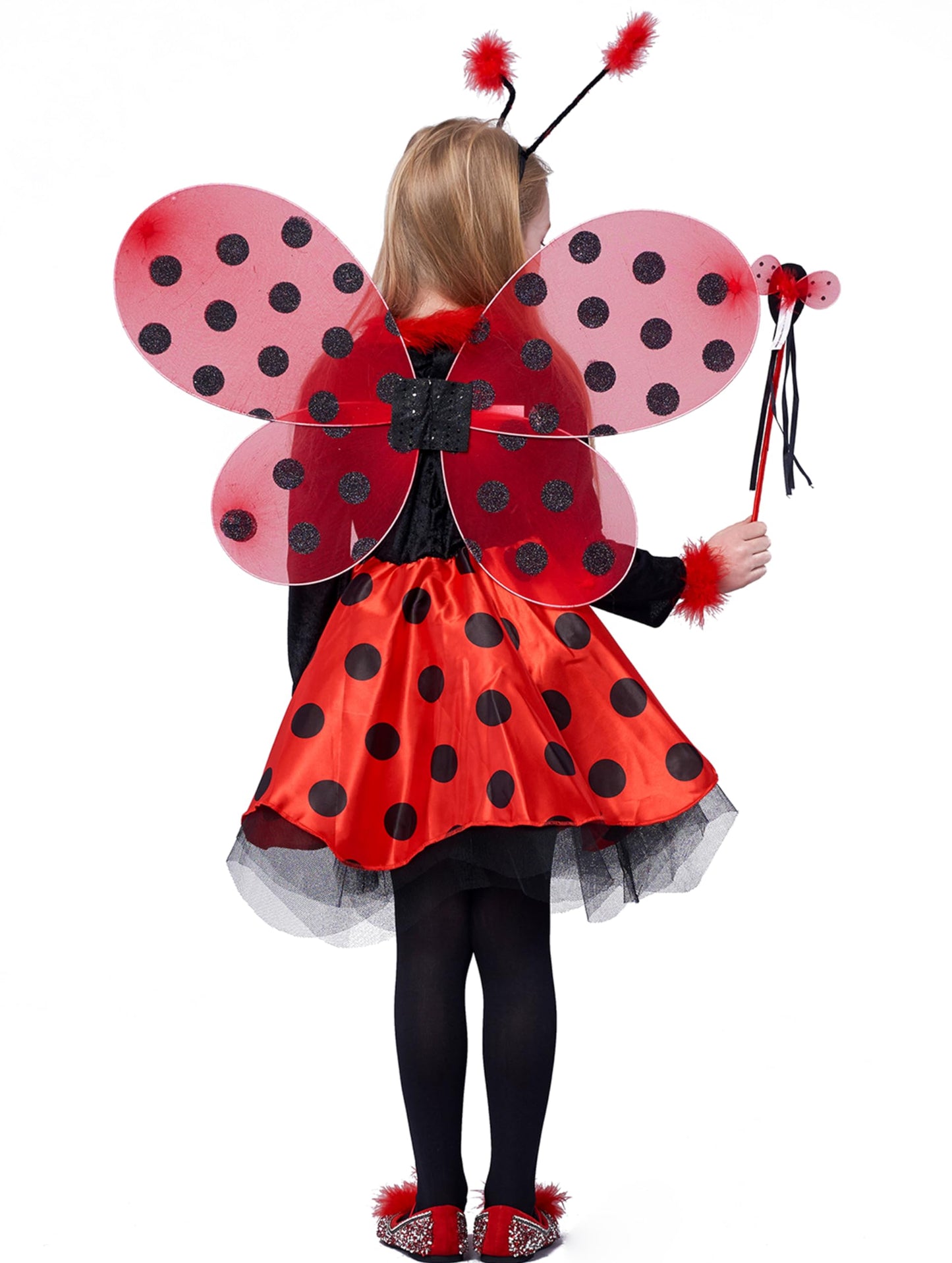 Ikali Girls Ladybug Costume, Halloween Deluxe Animal Fairy Fancy Dress Outfit With Wings (10Pcs Set) 7-8 Years