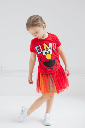 Sesame Street Elmo Toddler Girls Graphic T-Shirt Mesh Skirt And Scrunchie 3 Piece Outfit Set Red/Rainbow 2T