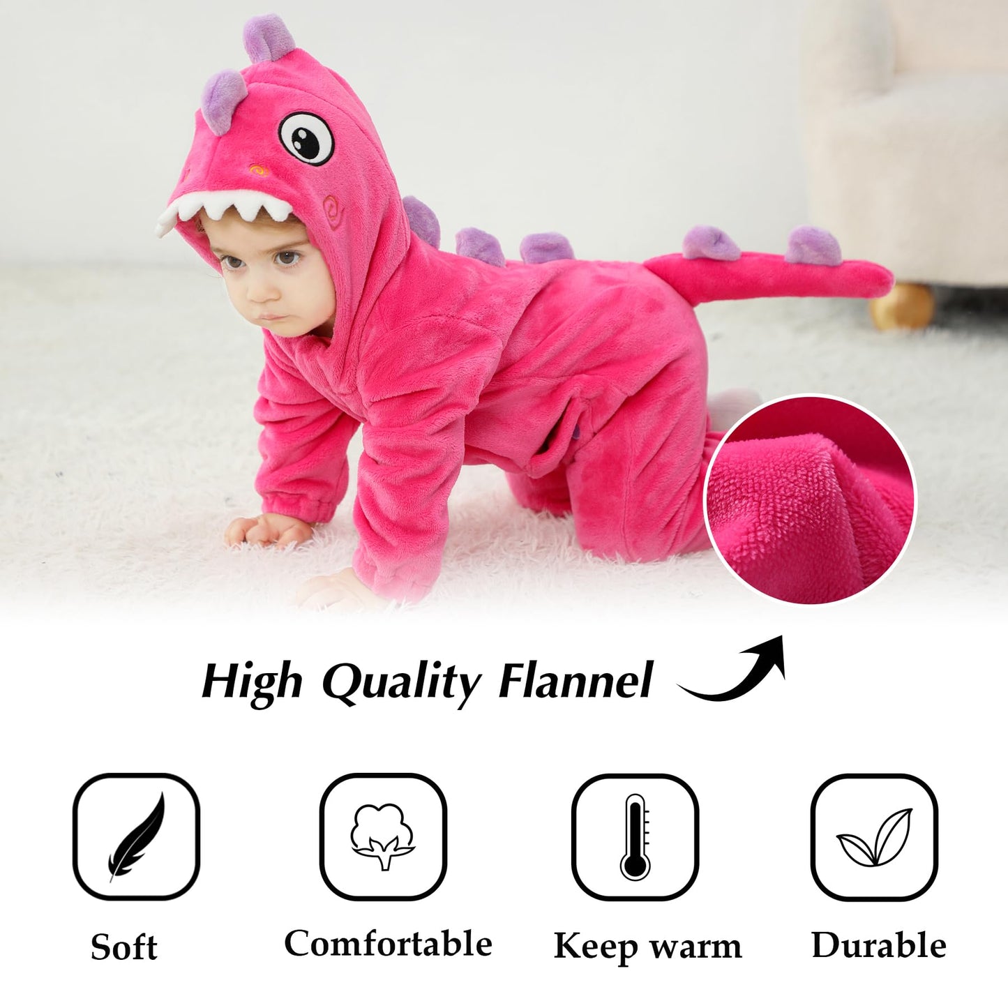 Tonwhar Unisex Baby Animal Halloween Costume Kid'S And Toddler'S Autumn Winter Outfits Jumpsuit(1-3 Months,Rose Dino)