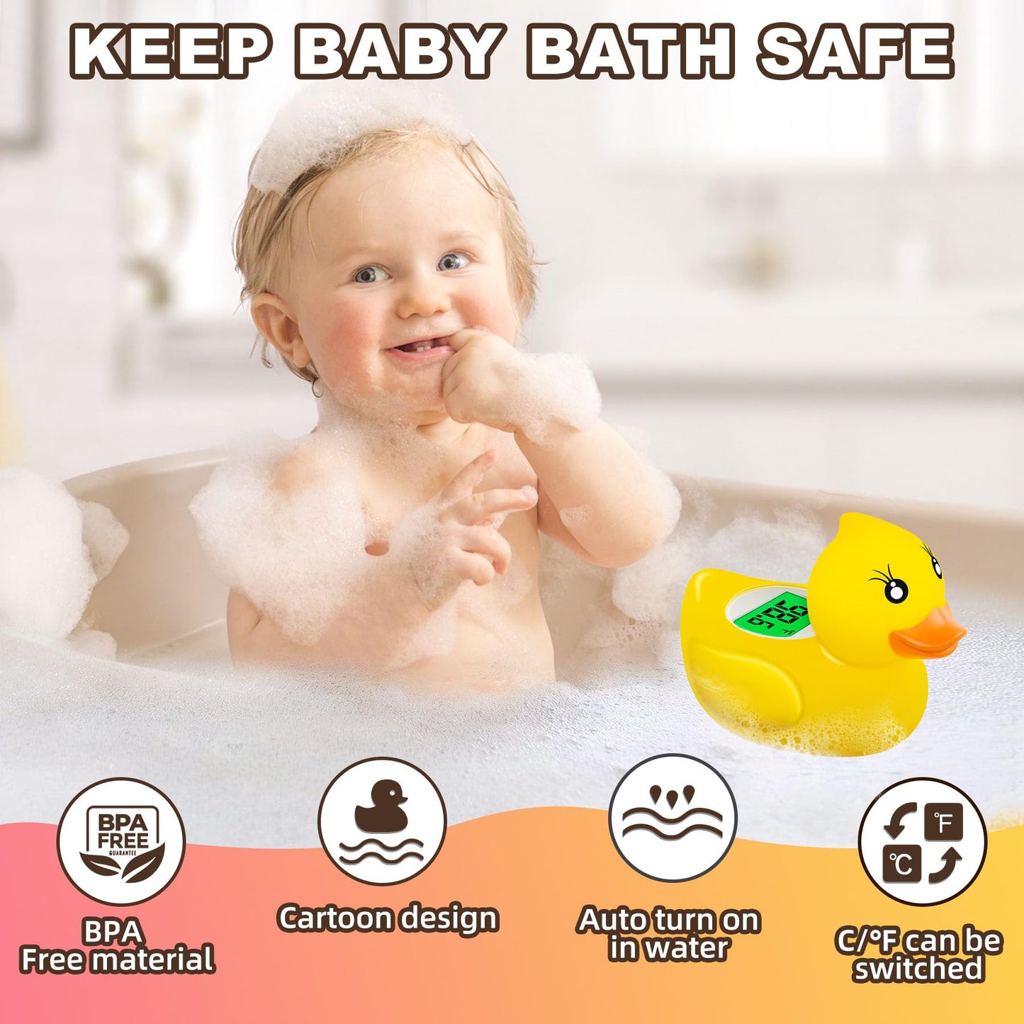 Pircaath Baby Bath Thermometer Newborn, Bpa-Free Safety Digital Bath Tub Thermometer With Temperature Alarm & Backlit Display, D