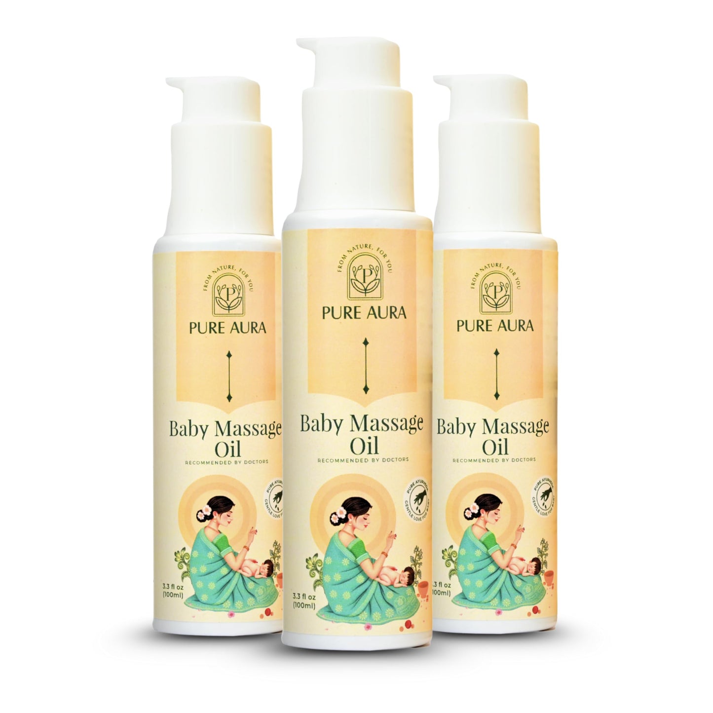 Pure Aura Baby Massage Oil (Pack Of 3, 100Ml Each) | 100% Natural & Ayurvedic | Nourishes Skin & Hair | Chemical-Free, Safe For