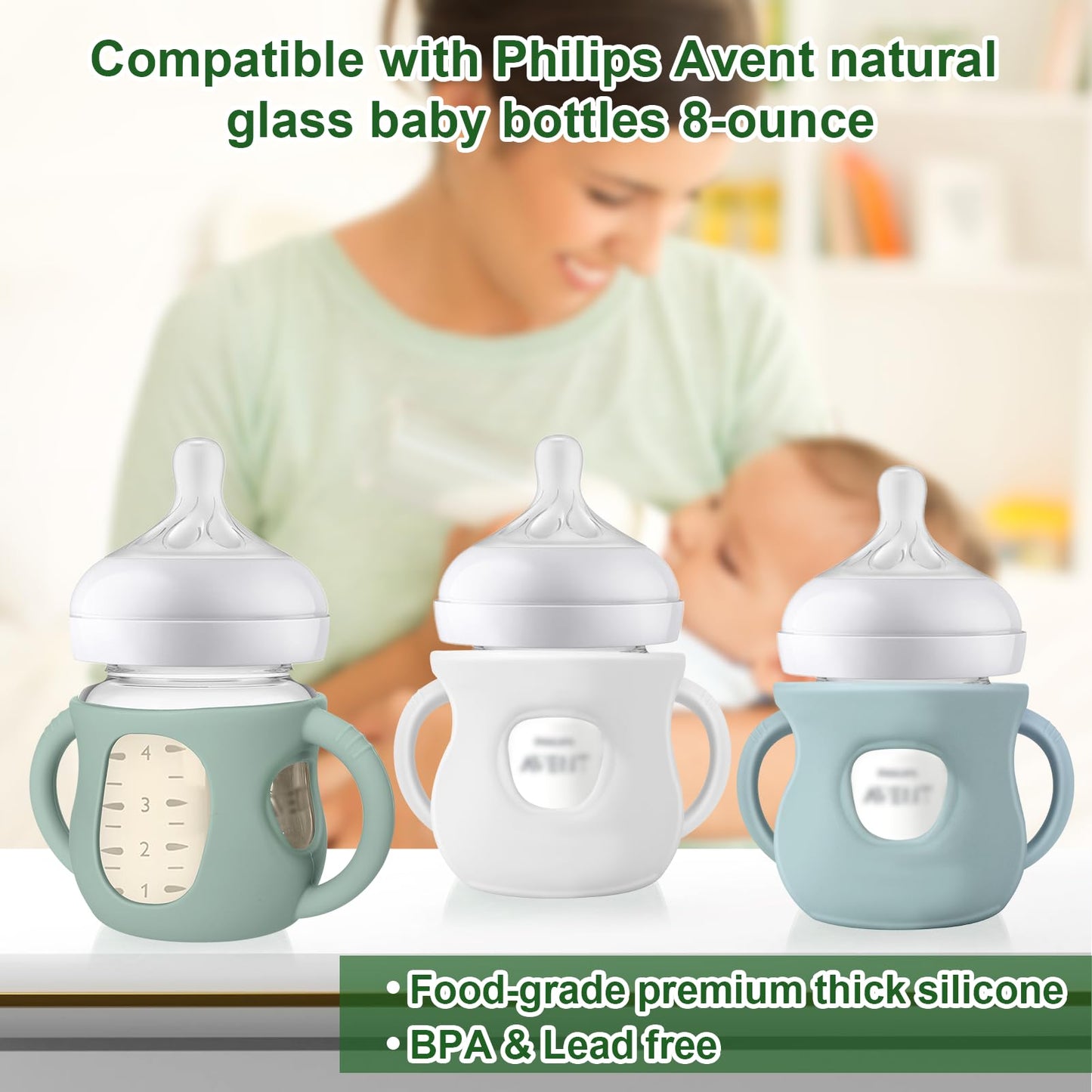 Juome Silicone Sleeves With Handles For Avent Natural Glass Baby Bottle - 3 Pack Anti Breakage Baby Bottles Holder, Compatible W