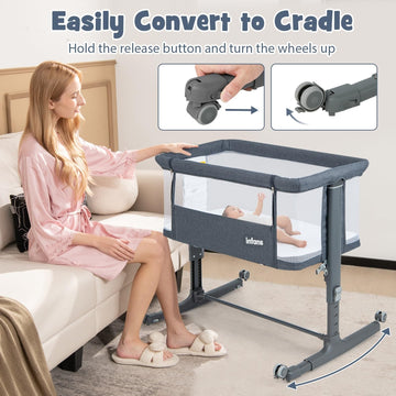 Infans 3 In 1 Baby Bassinet, Bedside Sleeper For Newborn, Folding Crib With Mattress, Travel Bag, Wheels, 4-Sided Mesh, Easy To