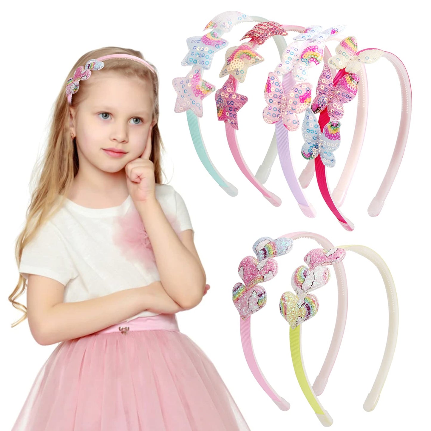 Fishdown Girls Headbands For Kids Glitter Toddler Girl Sequin Headbands Glitter Heart Rainbow Butterfly Star Non-Slip Headbands