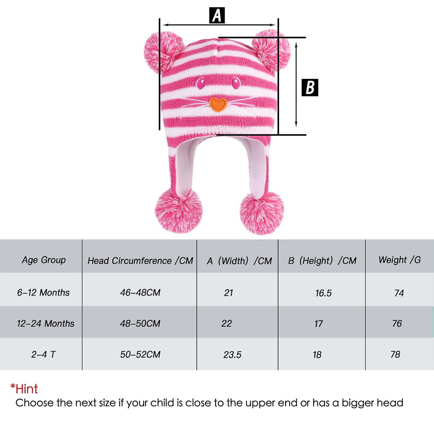 Langzhen Toddler Kids Infant Winter Hat,Earflap Knit Warm Cap Fleece Lined Beanie For Baby Boys Girls (Cat -Rose, 6-12 Months)