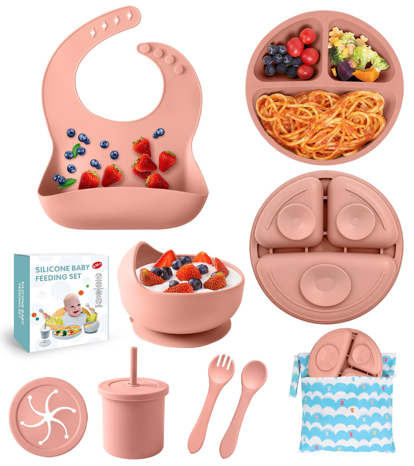 ECLIP Silicone Baby Feeding Set, 10 Pcs Baby Eating Essentials with Suction Bowl Divided Plate Adjustable Bib Soft Spoon Fork Sn