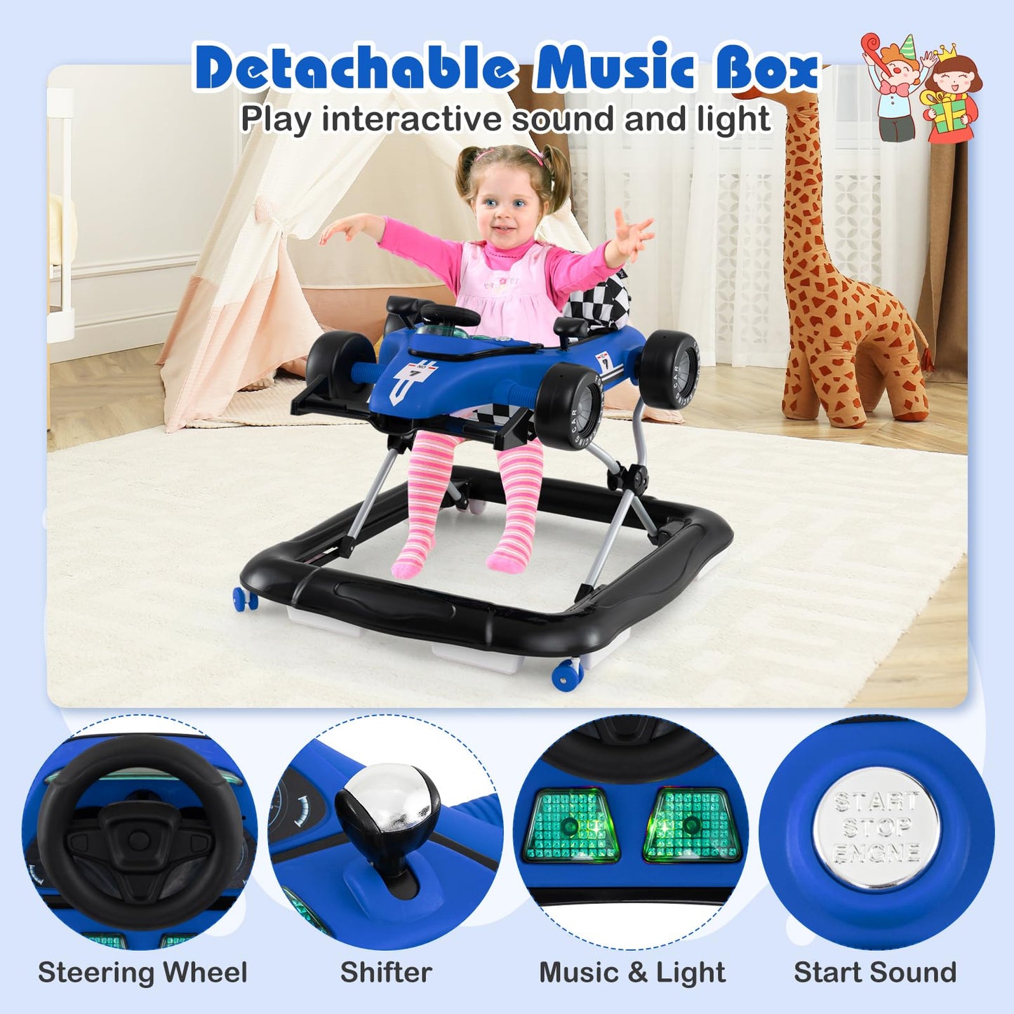 Baby Joy 4-In-1 Baby Walker, Foldable Activity Walker With Push Mode, Adjustable Height, Lights, Anti-Rollover, Baby Walker With
