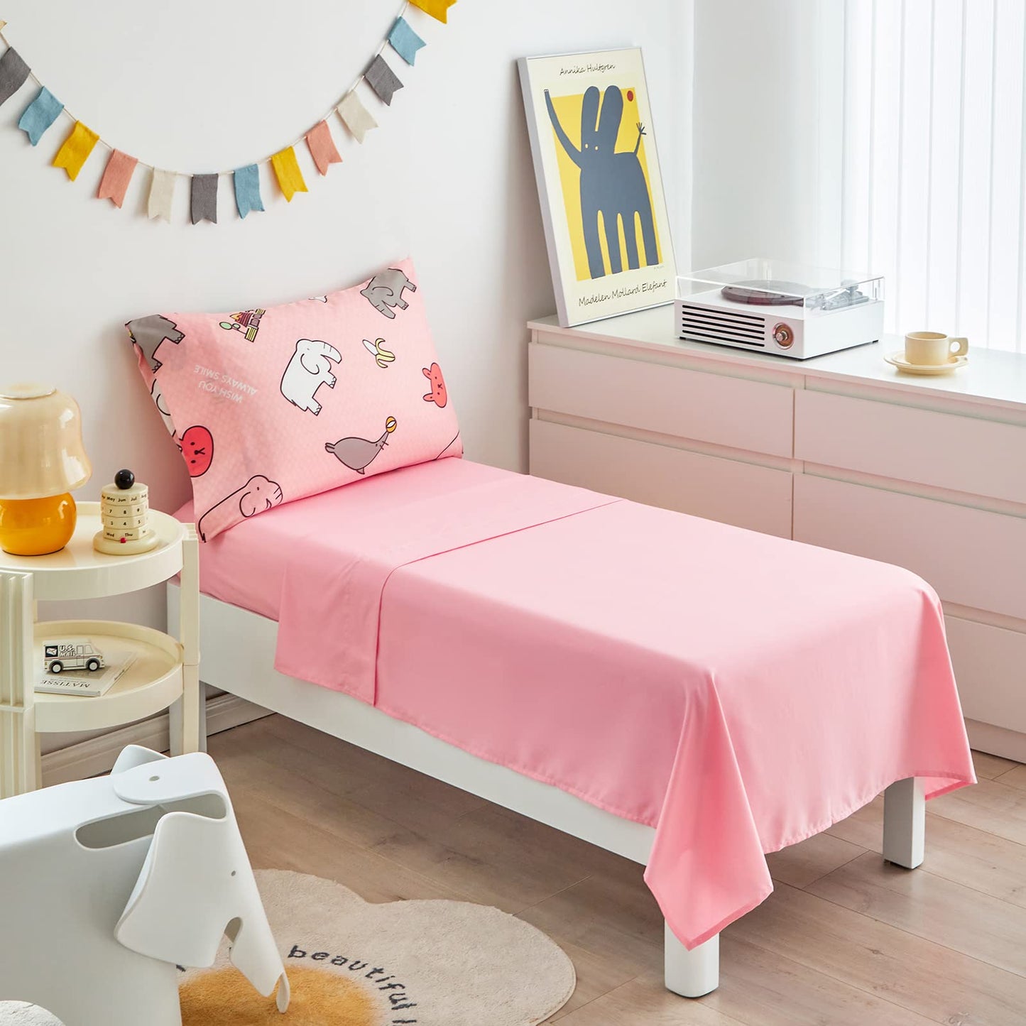 Flysheep 4 Pieces Pink Toddler Bedding Set, Elephant Lion Animals Printed For Baby Girls - Includes Quilted Comforter, Flat Shee