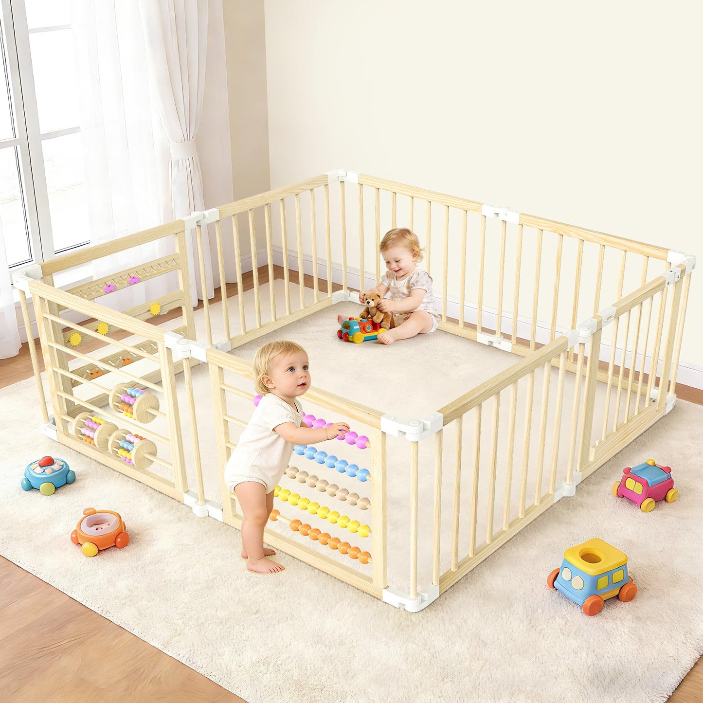 OMZER 67x67 Inch Wooden Baby Playpen - Foldable Baby Gate Play Pen for Babies and Toddlers - Indoor & Outdoor Portable Play Fenc