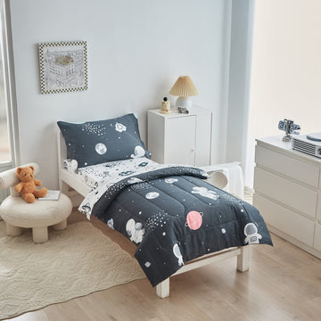 4 Pieces Toddler Bedding Set Space Theme For Baby Boys, Astronaut Planet Rocket Print On Black, Includes Comforter, Flat Sheet,