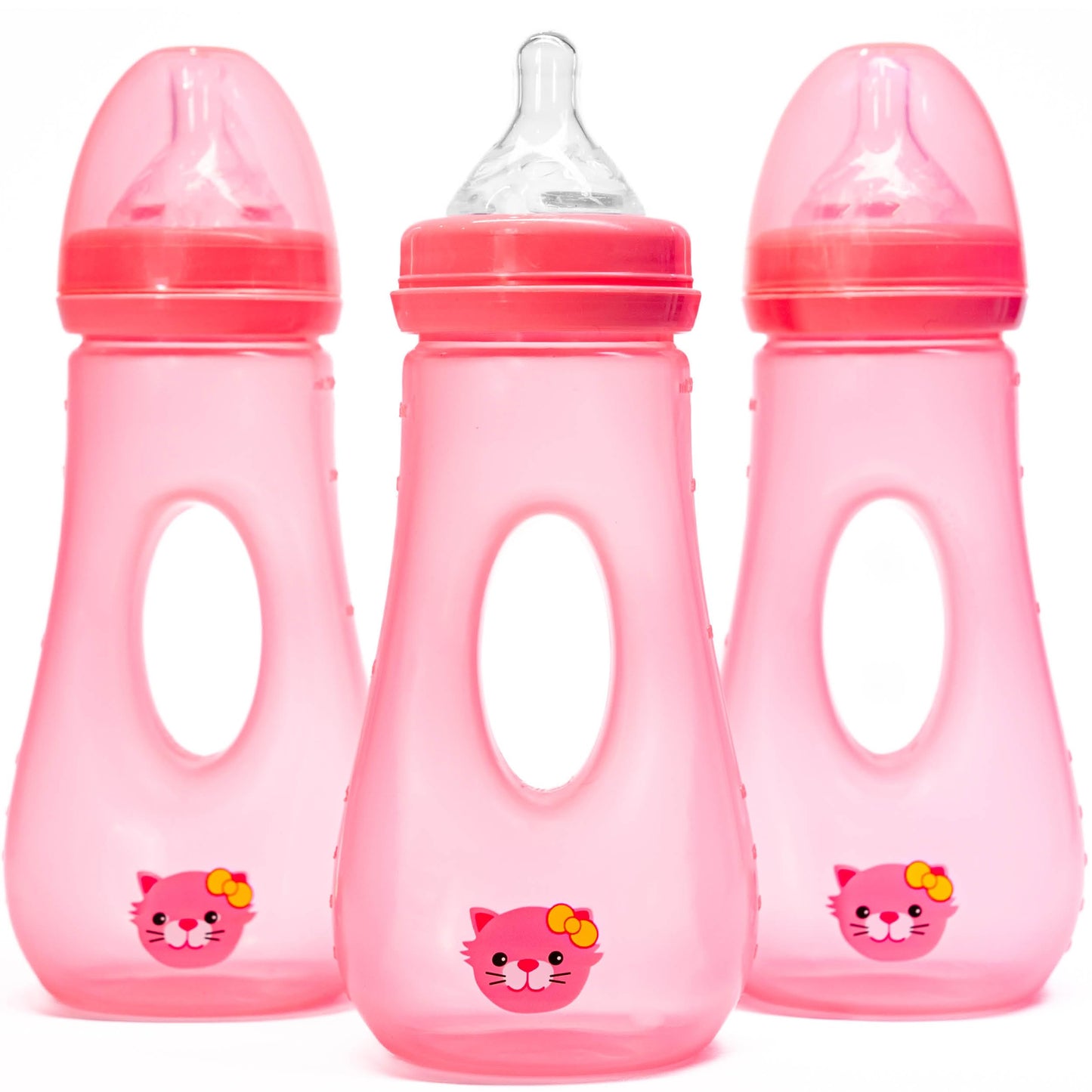 Avima Easy Grip Anti Colic Baby Bottles, BPA Free, 8 oz. Wide Neck with Medium Flow Silicone Nipples, Pink (Pack of 3)