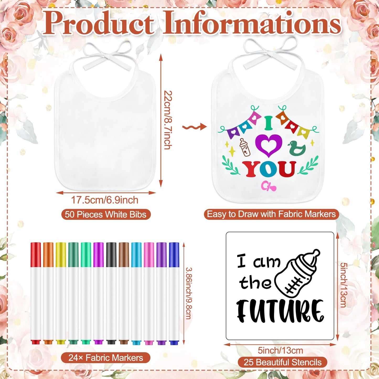 Panitay 100 Pcs Diy Baby Bibs Decorating Kit 50 White Bibs 25 Stencils 24 Fabric Markers 1 Baby Shower Game Sign(Flower)