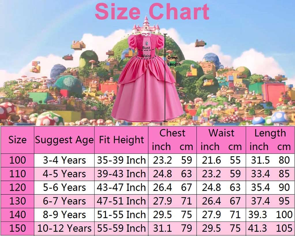 Yuegoo Princess Peach Costume Dress For Girls Kids, Super Bros Princess Peach Cosplay Halloween Party Dress Up Suit 3-12Y (110(4