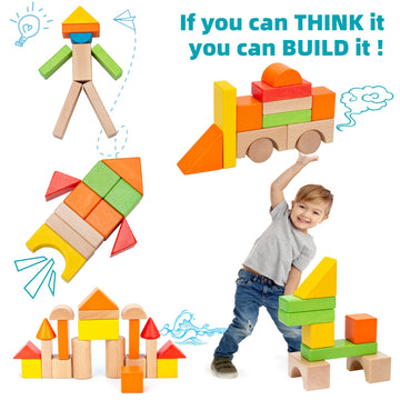 Wooden Building Blocks Set - Stacker Stacking Preschool Learning Educational Toys with Carrying Bag, Toddler Toys for 3+ Year Ol