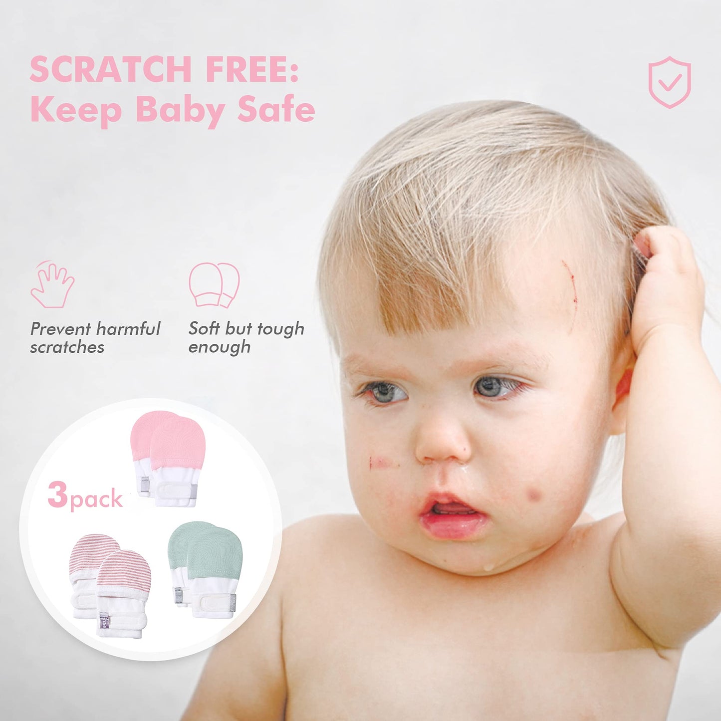 Hapiu Baby Mitten,3 Pack, Pink Stripe&Blush&Sage, 0-3 Months