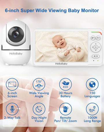 Hellobaby Baby Monitor With Camera And Audio, 6'' World First Ips Screen Baby Camera Monitor No Wifi, 30-Hrs Battery, Eco, Vox,
