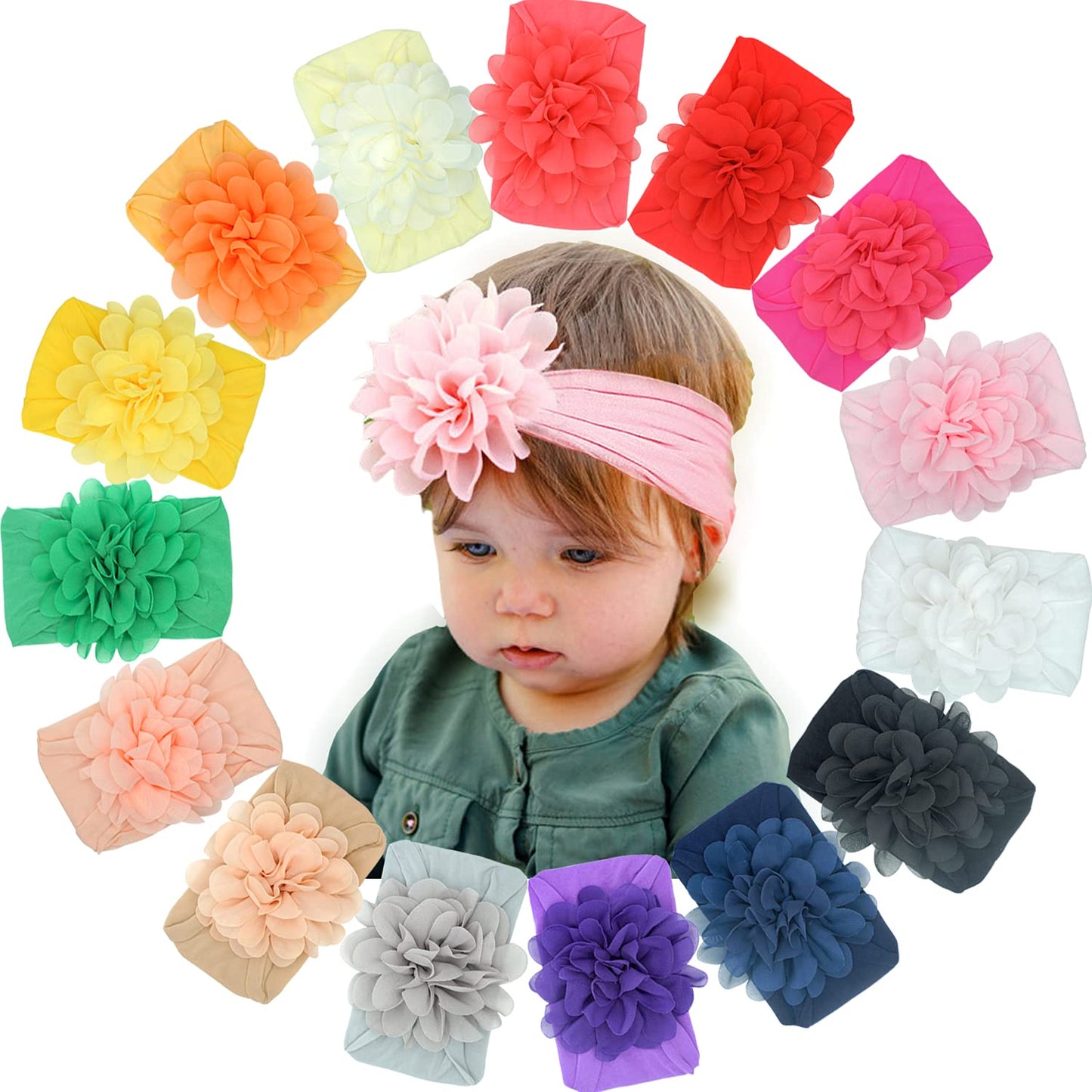 C LLOT 15 Pieces Baby Girls Headbands Tulle Hair Bows Head Wraps Chiffon Flowers Bows Soft Stretchy Turban Headbands for Newbor
