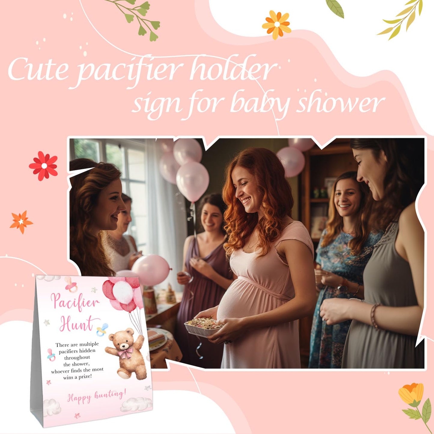 Guawubiang Winnie Pacifier Hunt Sign, Mini Pacifiers Baby Shower Game Set, 50Pcs Pooh Girl Baby Shower Game Decorations Set, Pin