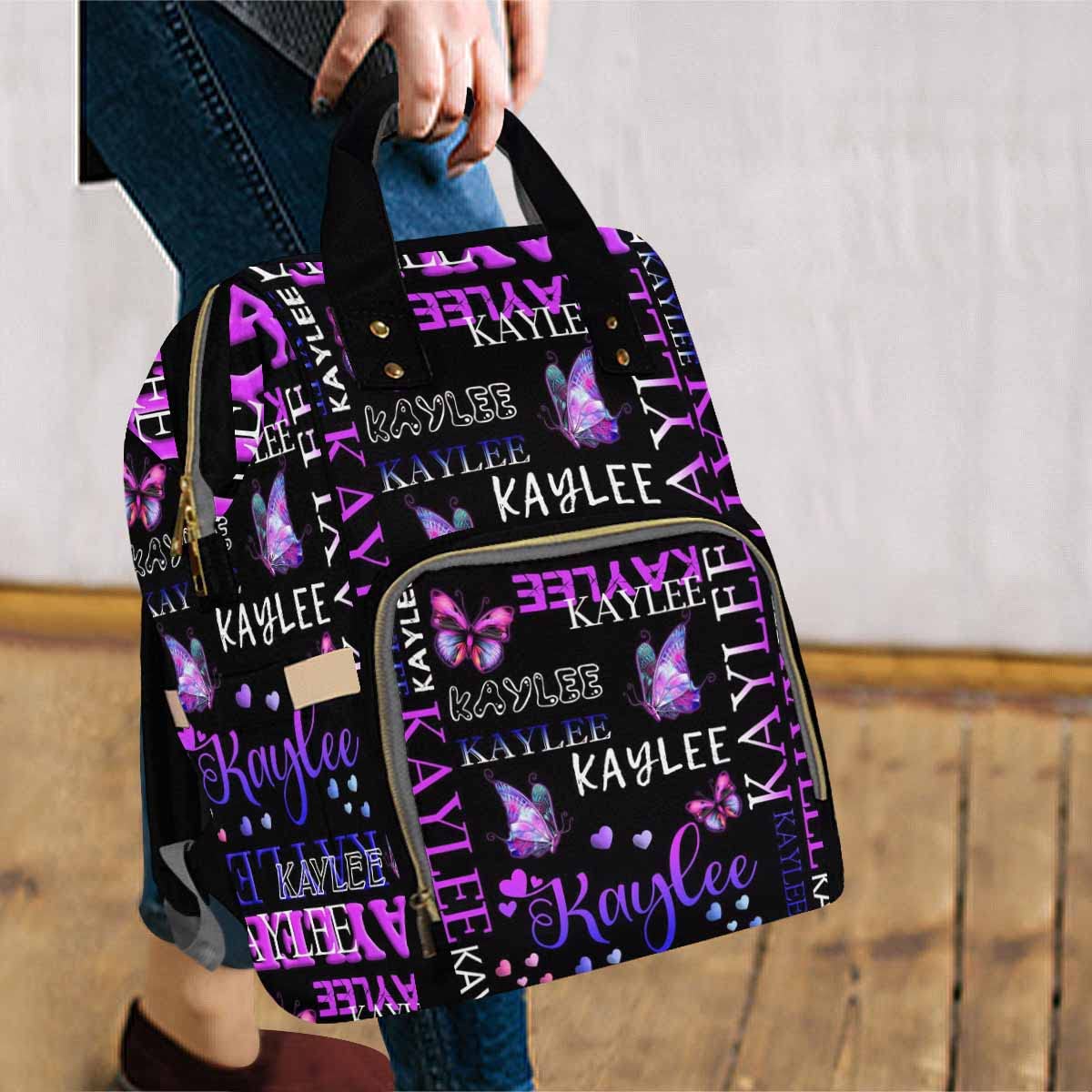 Artsadd Custom Name Diaper Bag Mommy Nappy Bags, Personalized Gradient Purple Love Handbags Large Capacity Multi-Function Nursin