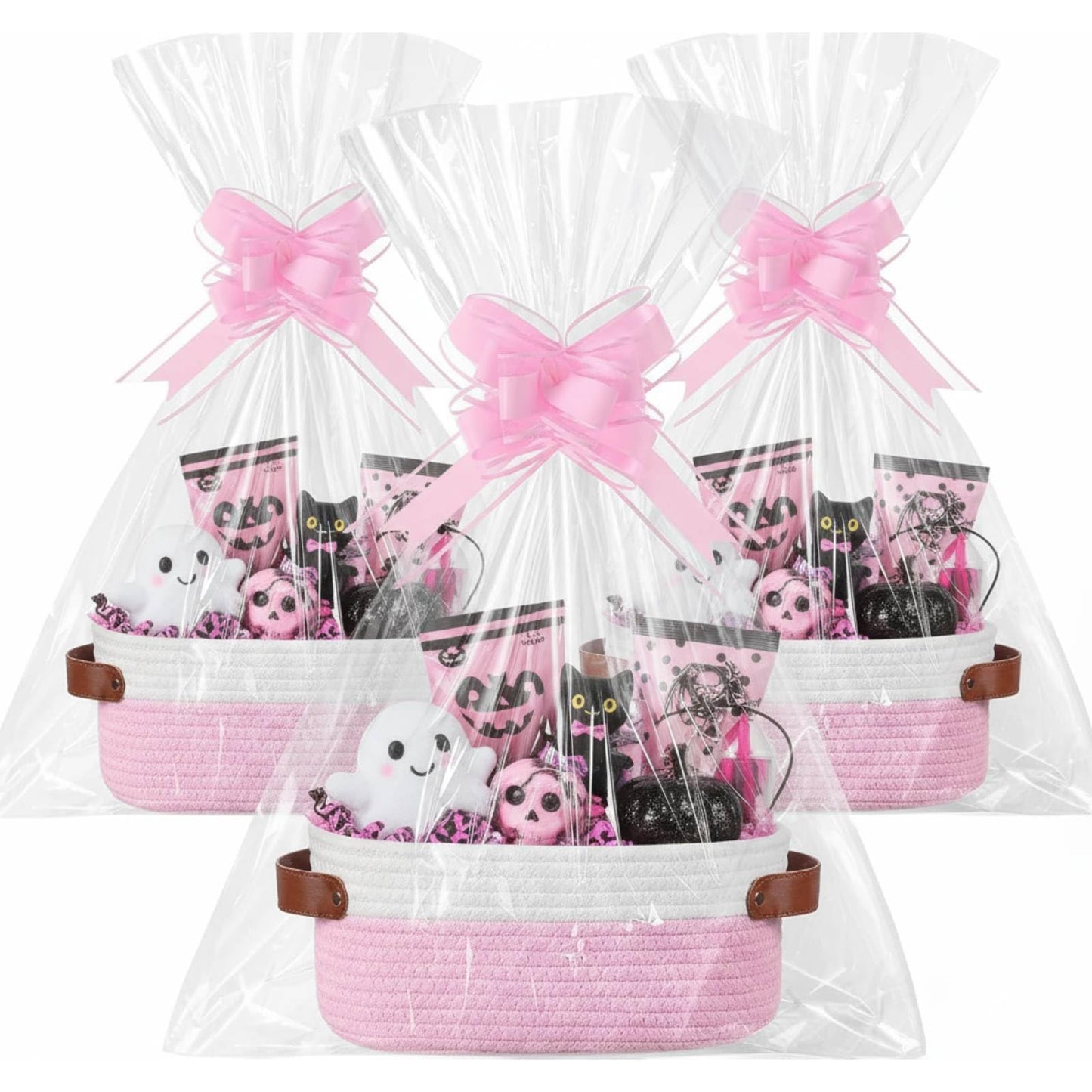 Colingmill 3 Pack Christmas Thanksgiving Small Woven Basket for Gifts with Handles Clear Bags and Ribbons Empty Storage Basket D